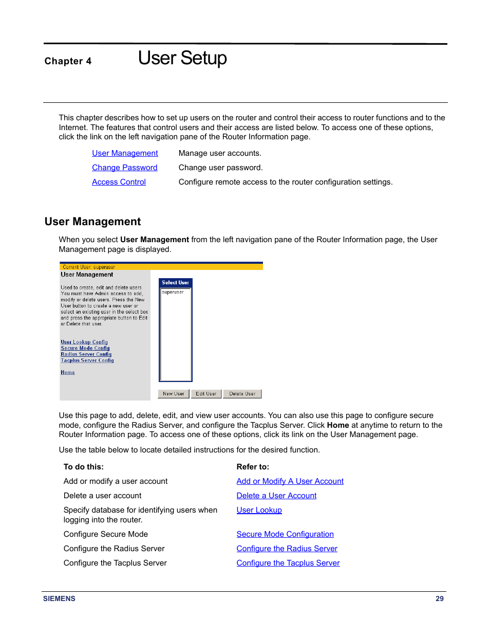 Chapter 4 user setup, User management, Chapter titled "user setup | User setup | Siemens 5890 User Manual | Page 35 / 102