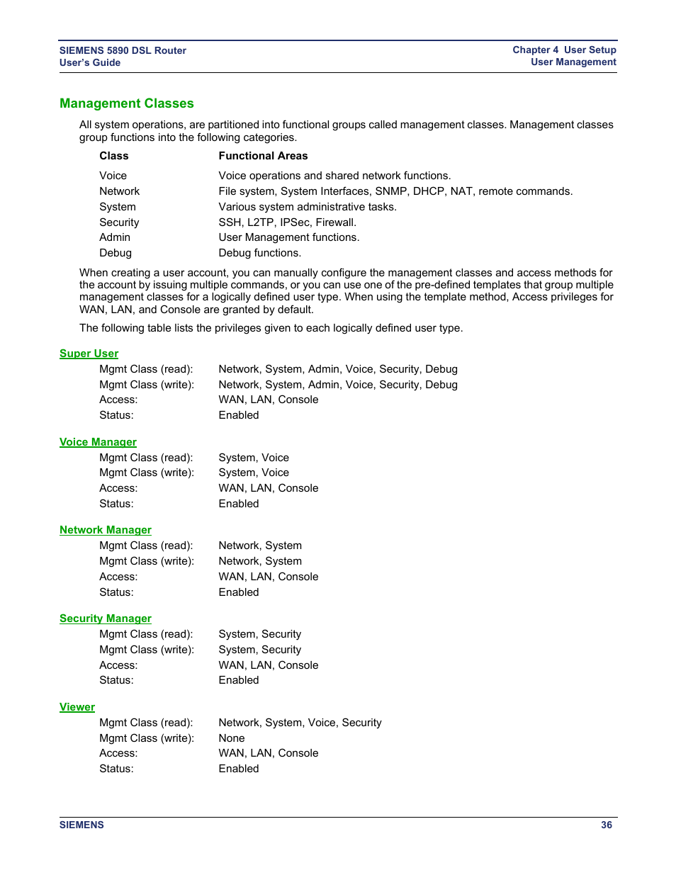 Management classes, Super user, Voice manager | Network manager, Security manager, Viewer | Siemens 5890 User Manual | Page 42 / 102