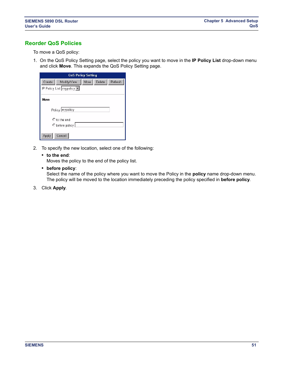 Reorder qos policies | Siemens 5890 User Manual | Page 57 / 102