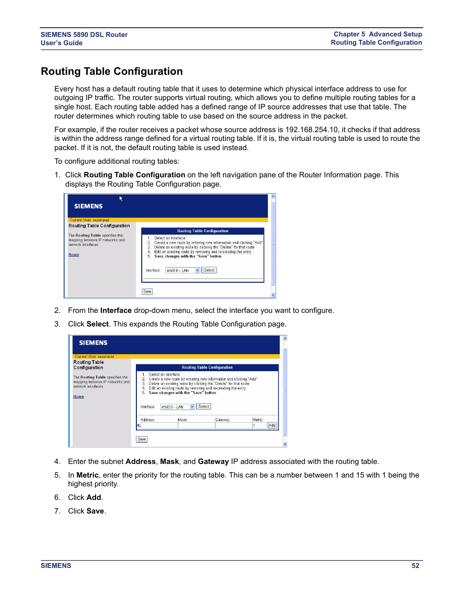 Routing table configuration | Siemens 5890 User Manual | Page 58 / 102