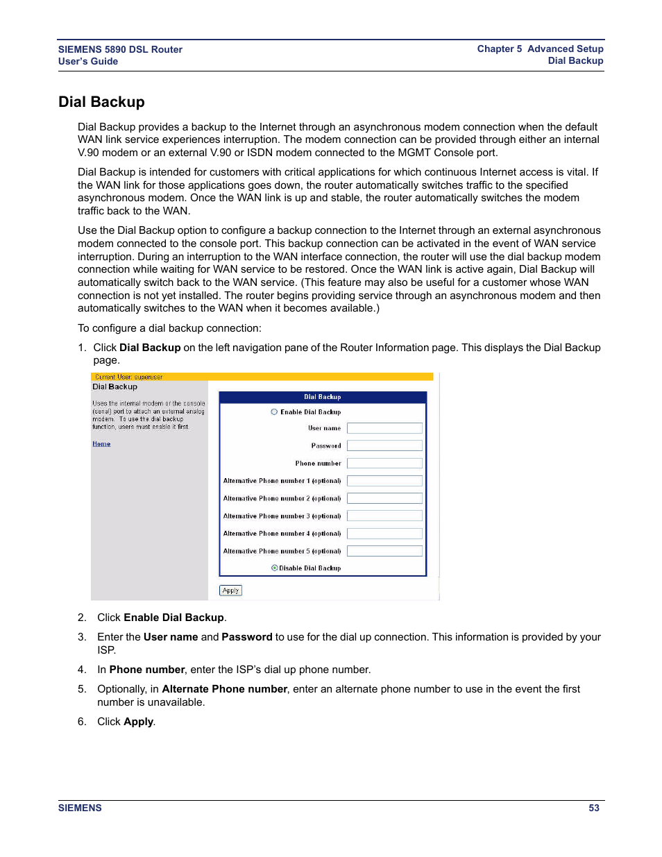 Dial backup | Siemens 5890 User Manual | Page 59 / 102