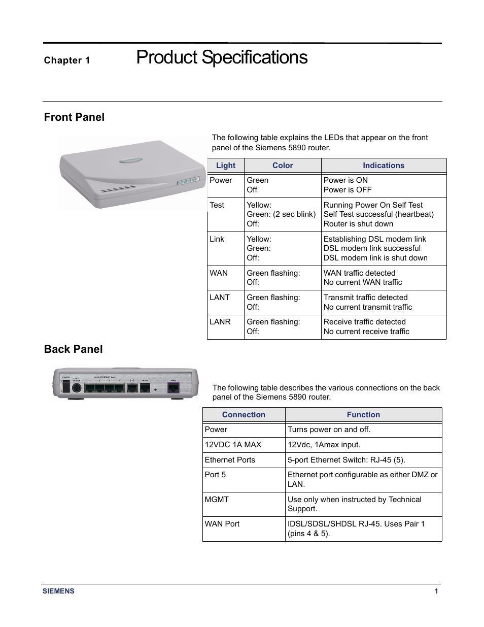 Chapter 1 product specifications, Front panel, Back panel | Front panel back panel, Product specifications | Siemens 5890 User Manual | Page 7 / 102