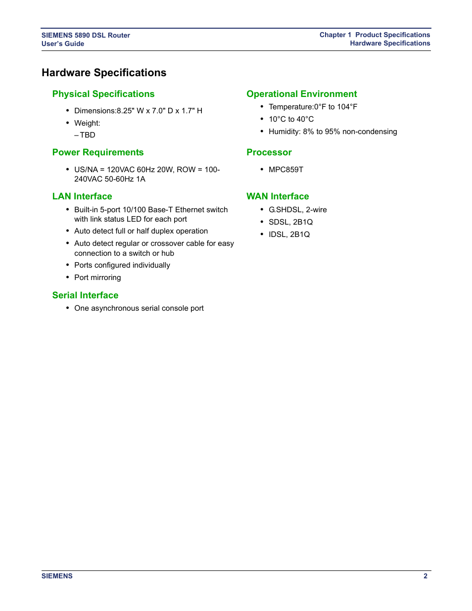 Hardware specifications, Physical specifications, Operational environment | Power requirements, Processor, Lan interface, Wan interface, Serial interface | Siemens 5890 User Manual | Page 8 / 102