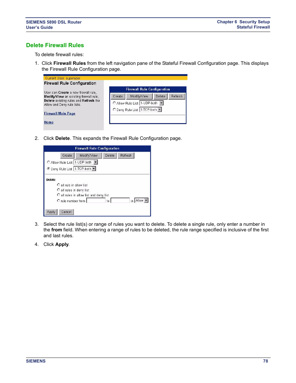 Delete firewall rules | Siemens 5890 User Manual | Page 84 / 102