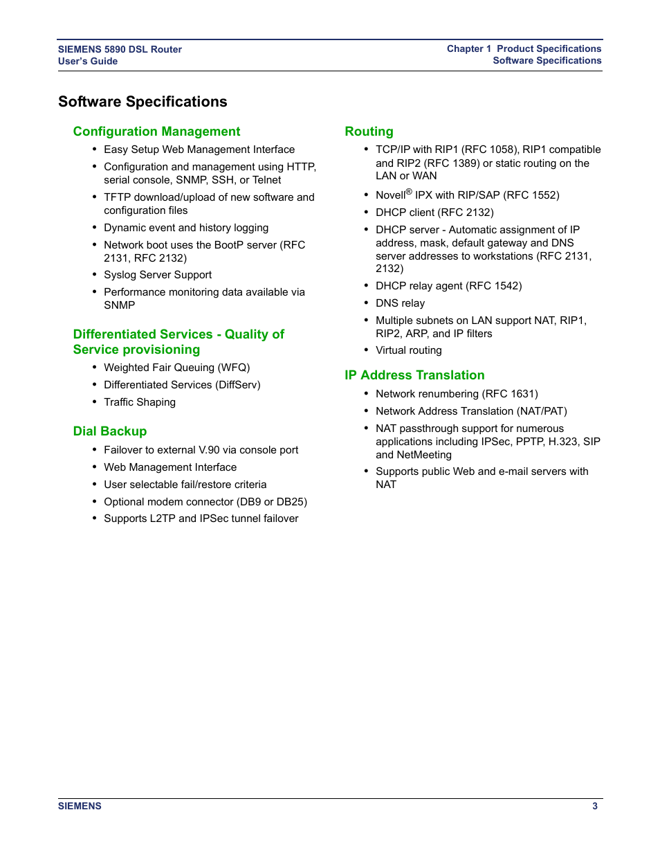 Software specifications, Configuration management, Dial backup | Routing, Ip address translation | Siemens 5890 User Manual | Page 9 / 102