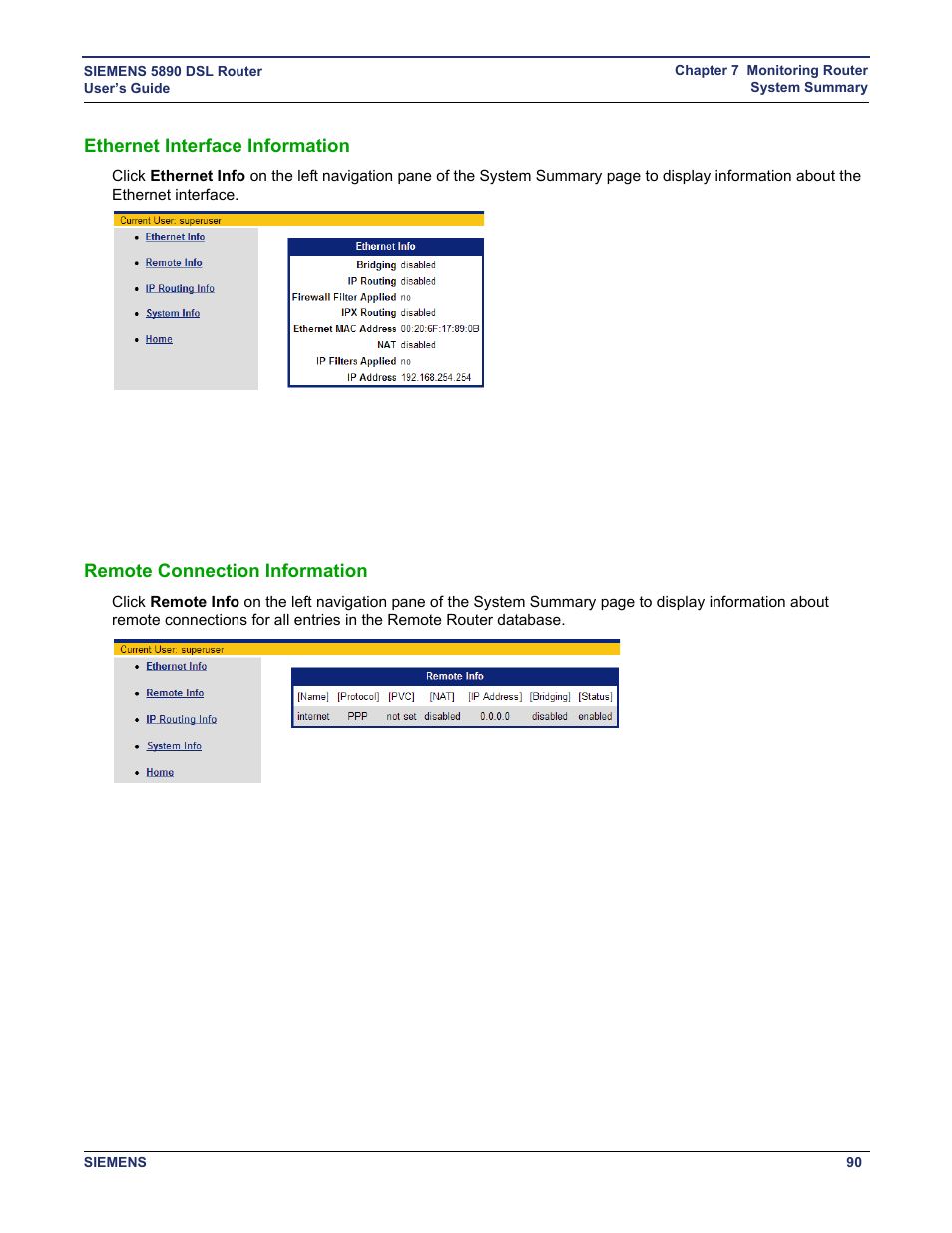 Ethernet interface information, Remote connection information, Ethernet interface | Remote connections | Siemens 5890 User Manual | Page 96 / 102