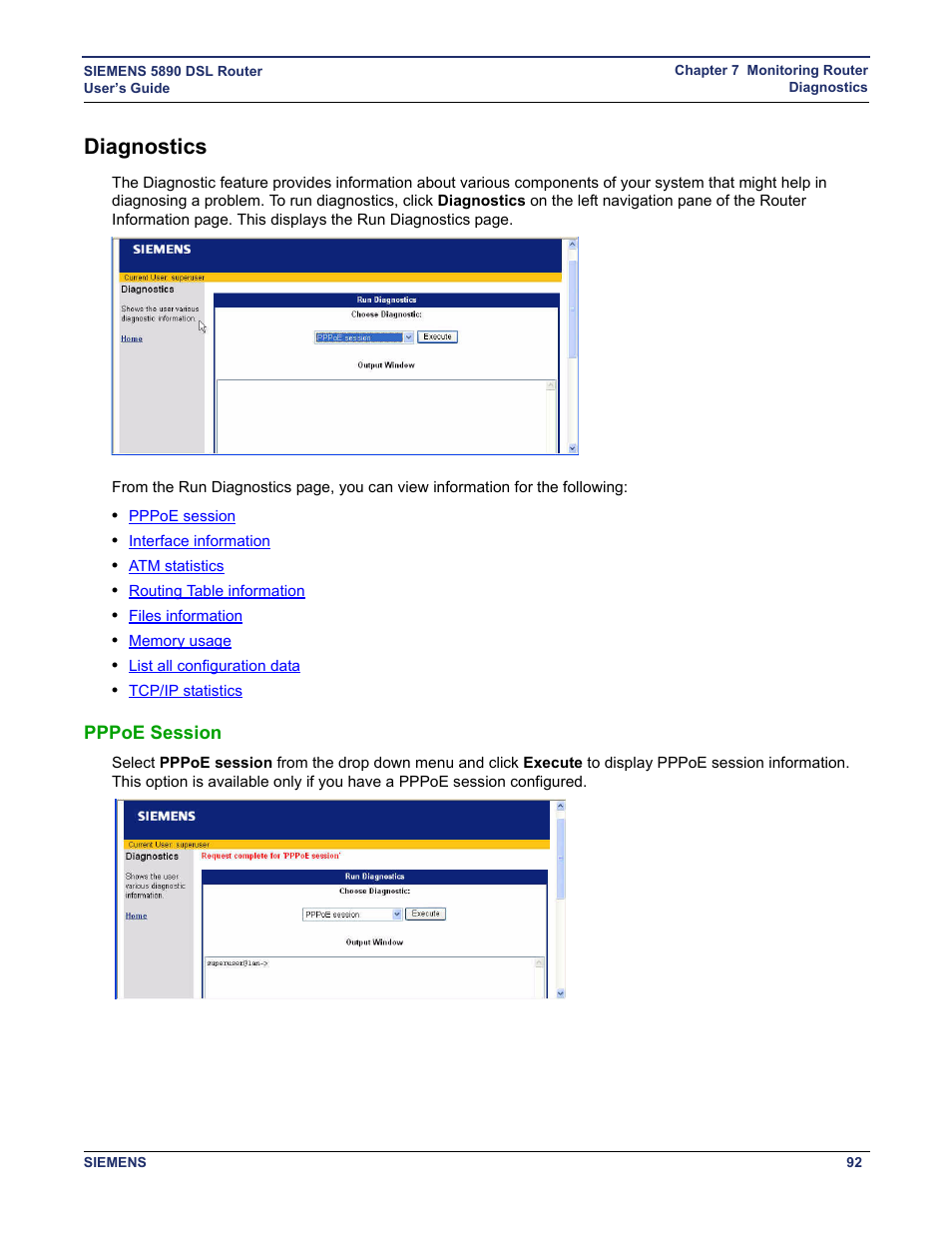 Diagnostics, Pppoe session | Siemens 5890 User Manual | Page 98 / 102