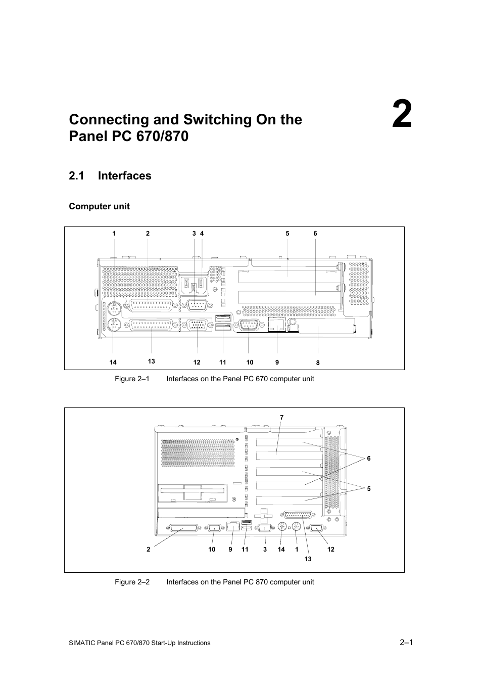 2 connecting and switching on the panel pc 670/870, 1 interfaces, Connecting and switching on the panel pc 670/870 | Siemens Simatic PC Panel PC 870 User Manual | Page 23 / 68