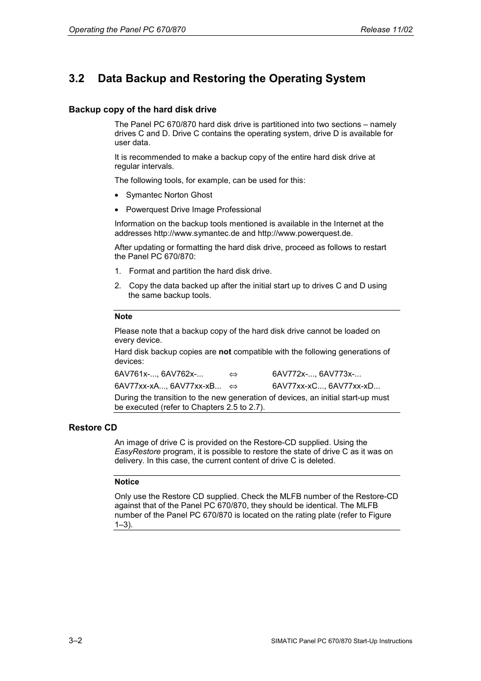 2 data backup and restoring the operating system | Siemens Simatic PC Panel PC 870 User Manual | Page 46 / 68