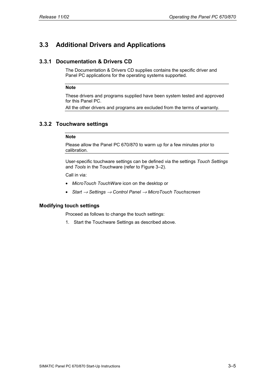 3 additional drivers and applications, 1 documentation & drivers cd, 2 touchware settings | Siemens Simatic PC Panel PC 870 User Manual | Page 49 / 68