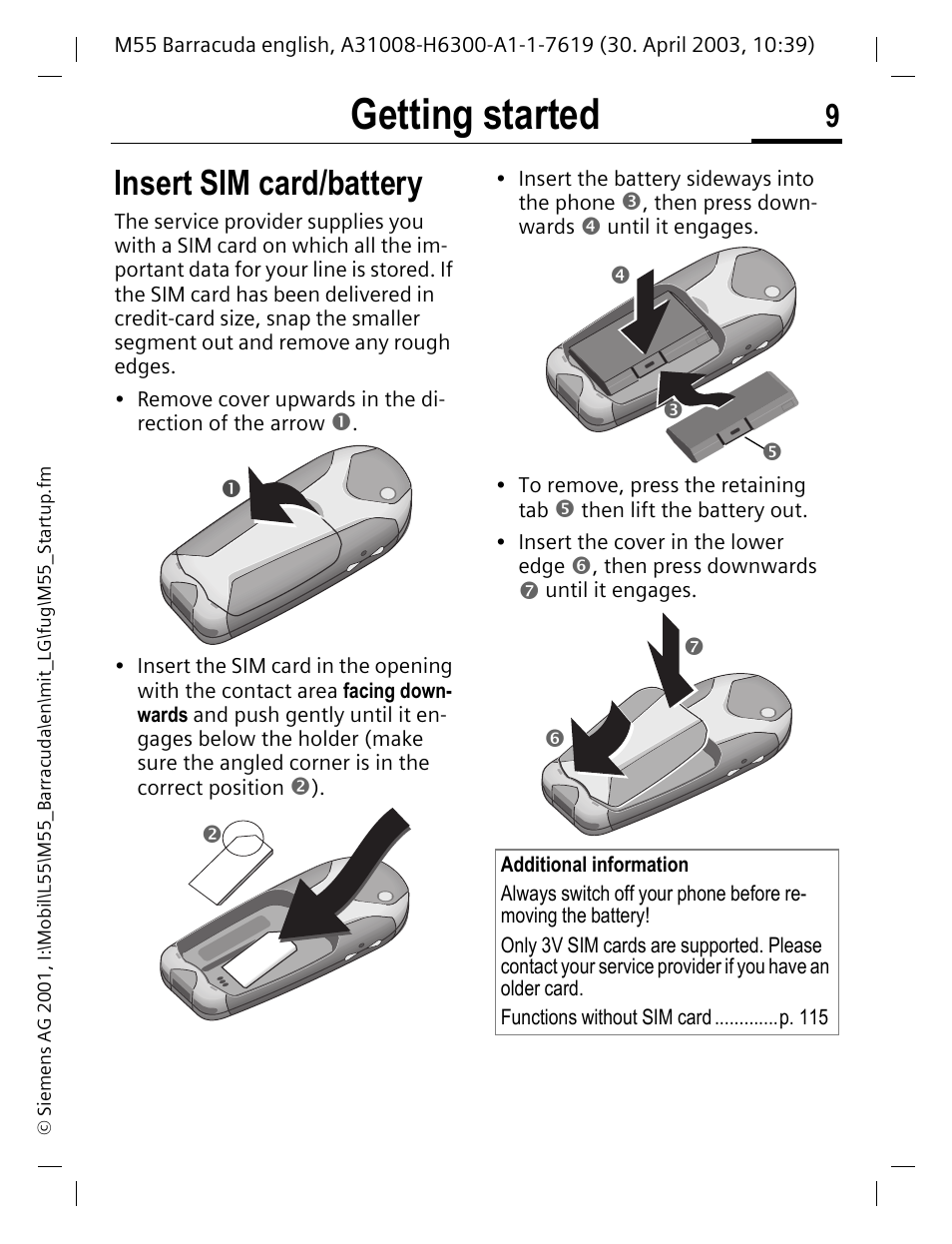 Getting started, Insert sim card/battery | Siemens M55 User Manual | Page 10 / 140