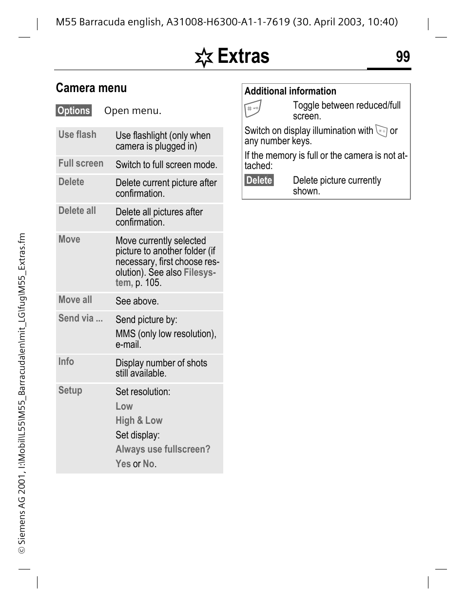 Extras, Camera menu | Siemens M55 User Manual | Page 100 / 140