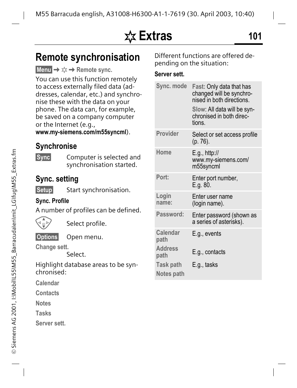 Synchronise, Sync. setting, Remote synchronisation | P. 101), Extras | Siemens M55 User Manual | Page 102 / 140