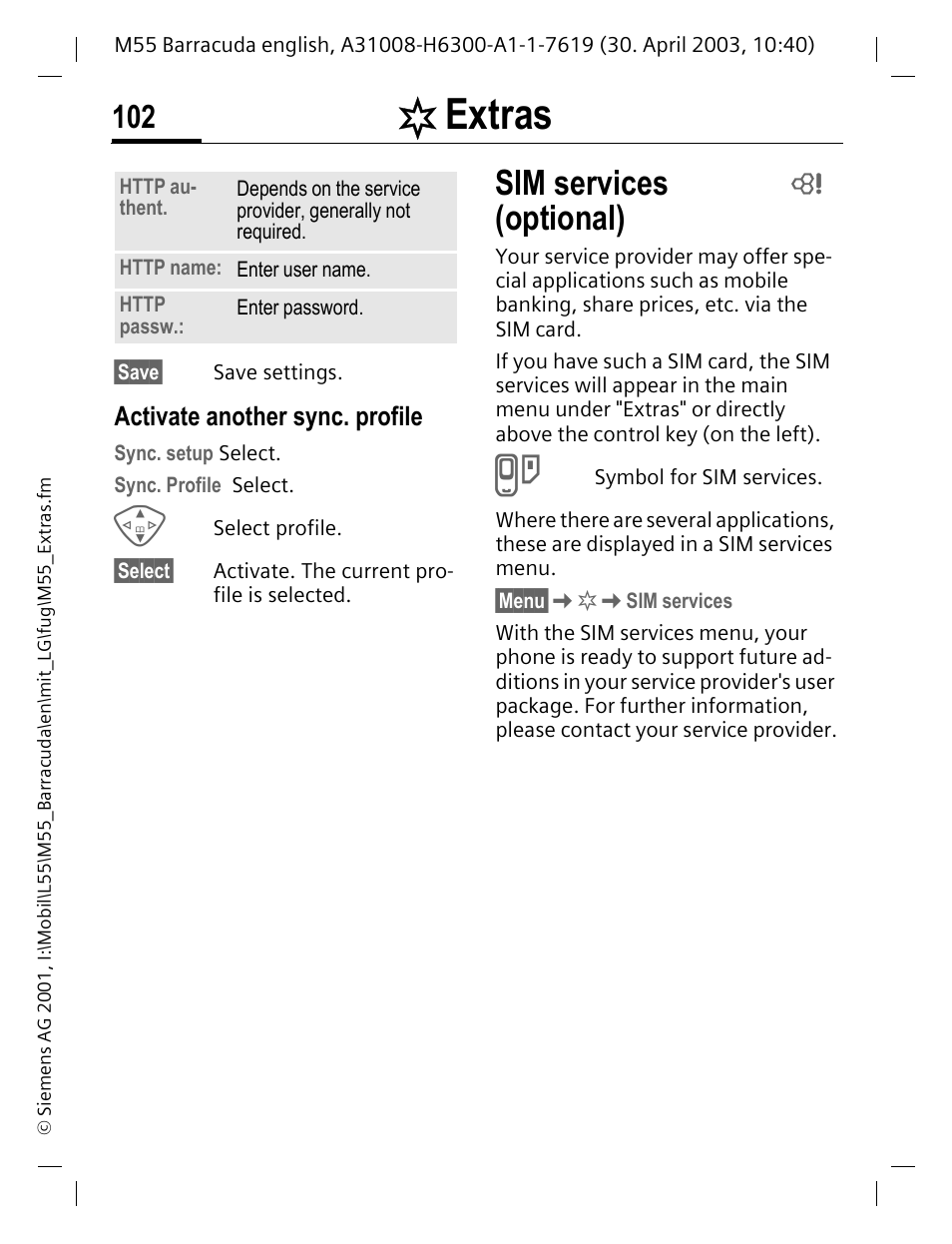 Activate another sync. profile, Sim services (op, P. 102 | Extras, Sim services, Optional) | Siemens M55 User Manual | Page 103 / 140