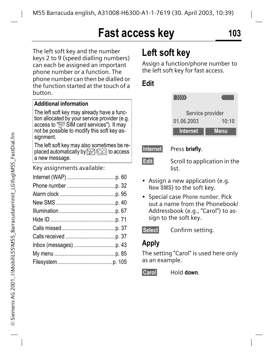 Fast access key, Edit, Apply | Left soft key | Siemens M55 User Manual | Page 104 / 140