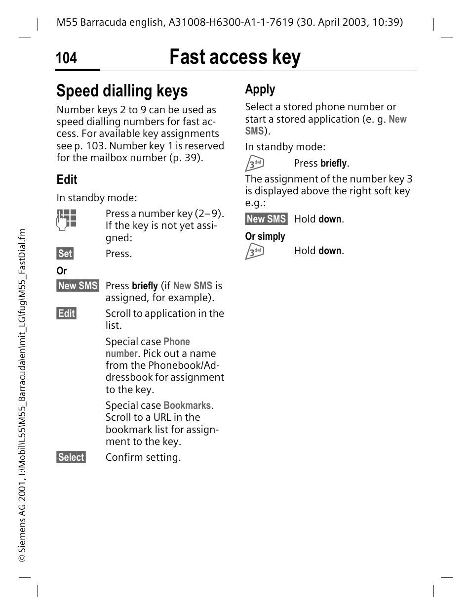 Edit, Fast access key, Speed dialling keys | Apply | Siemens M55 User Manual | Page 105 / 140