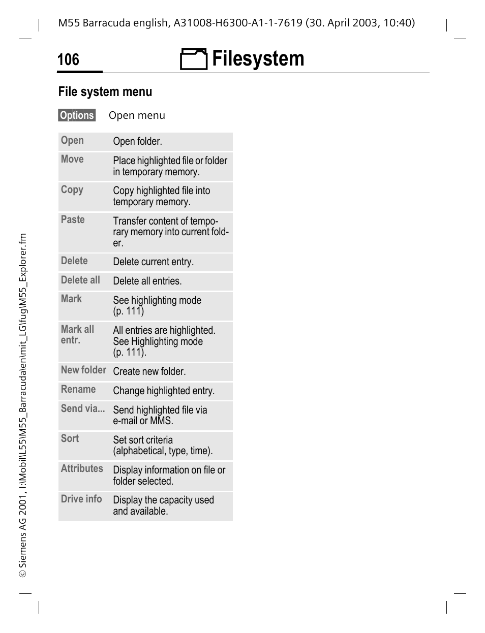 Ñ filesystem, File system menu | Siemens M55 User Manual | Page 107 / 140