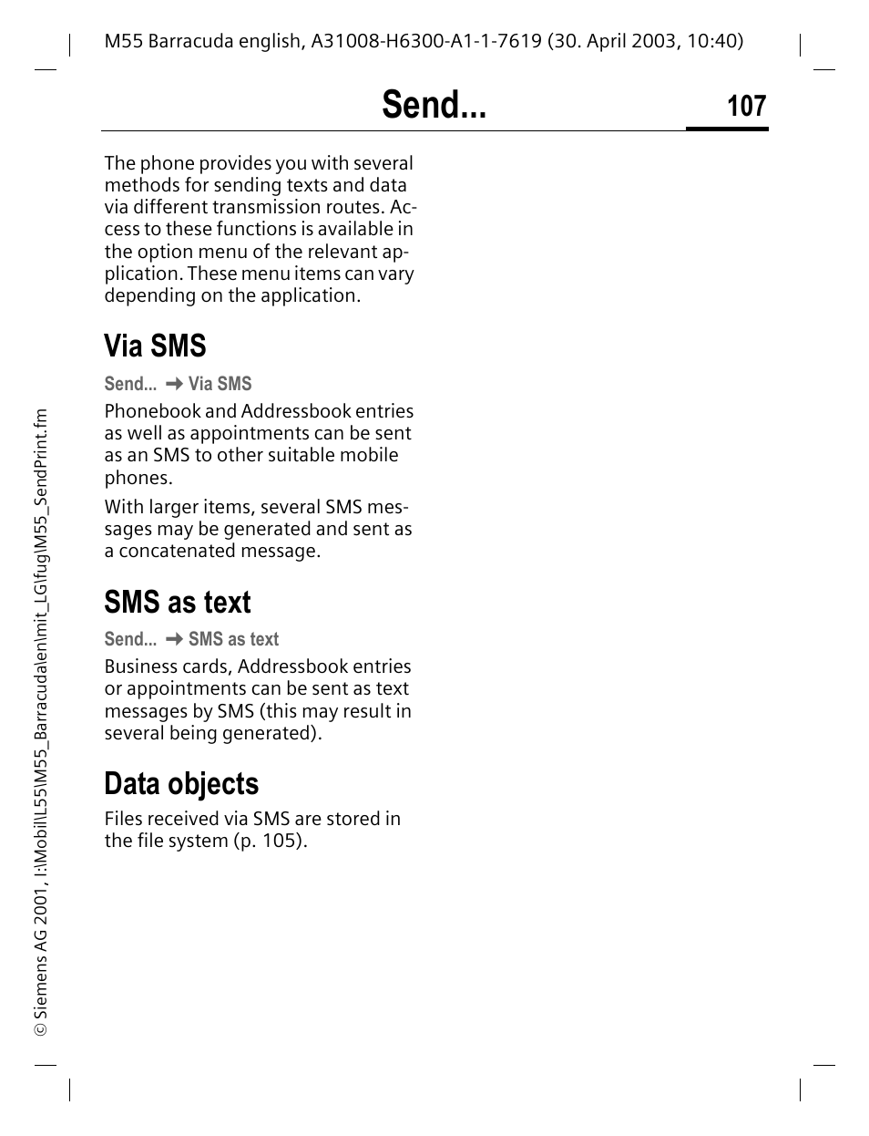 Send, P. 107), Via sms | Sms as text, Data objects | Siemens M55 User Manual | Page 108 / 140