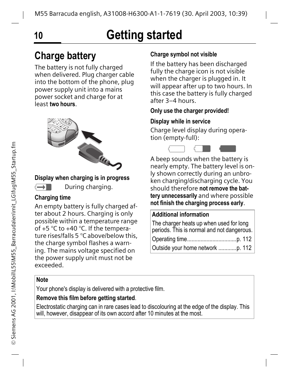Charge battery, Getting started, A d g | Siemens M55 User Manual | Page 11 / 140