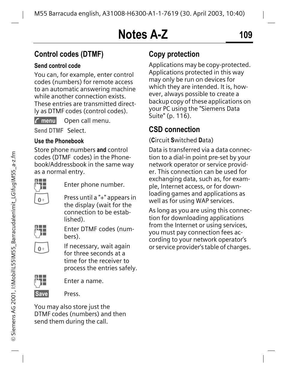 P. 109, P. 109), Control codes (dtmf) | Copy protection, Csd connection | Siemens M55 User Manual | Page 110 / 140