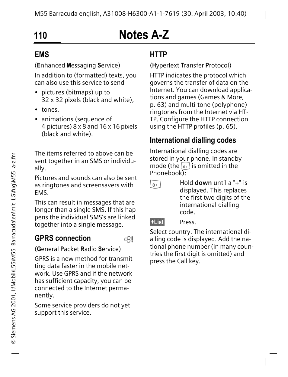 Gprs connection, International dialling codes, P. 110 | P. 110) | Siemens M55 User Manual | Page 111 / 140
