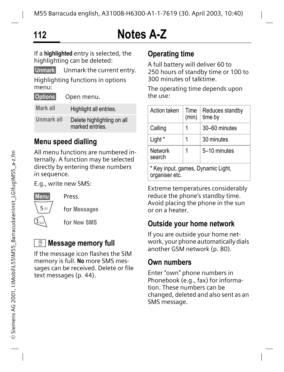 Menu speed dialling, T message memory full, Operating time | Outside your home network, Own numbers, P. 112), P. 112 | Siemens M55 User Manual | Page 113 / 140