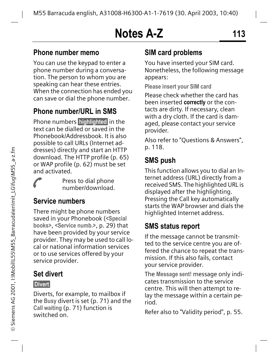 Phone number memo, Phone number/url in sms, Service numbers | Set divert, Sim card problems, Sms push, Sms status report, P. 113, See p. 113), P. 113) | Siemens M55 User Manual | Page 114 / 140