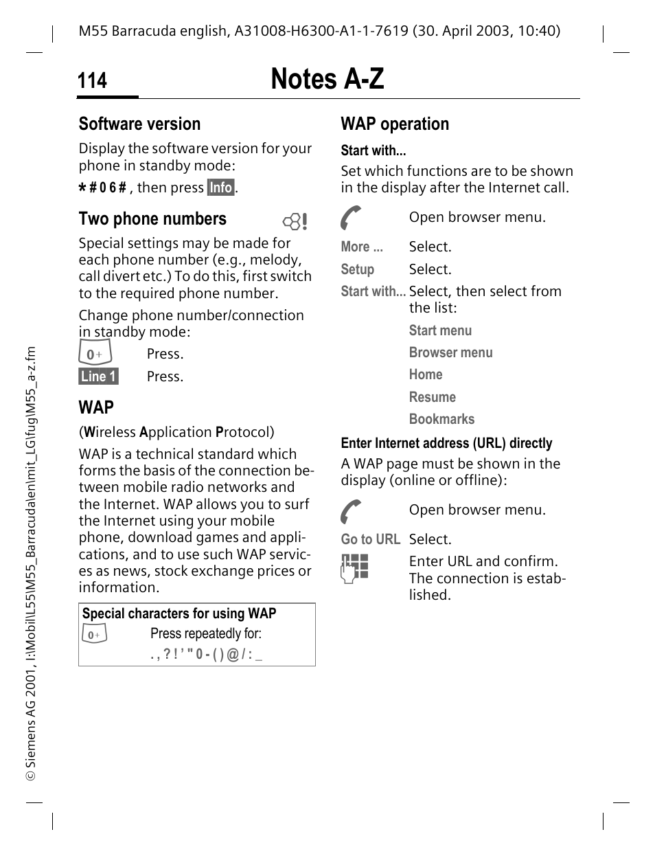 Software version, Two phone numbers, Hem (p. 114) | Siemens M55 User Manual | Page 115 / 140