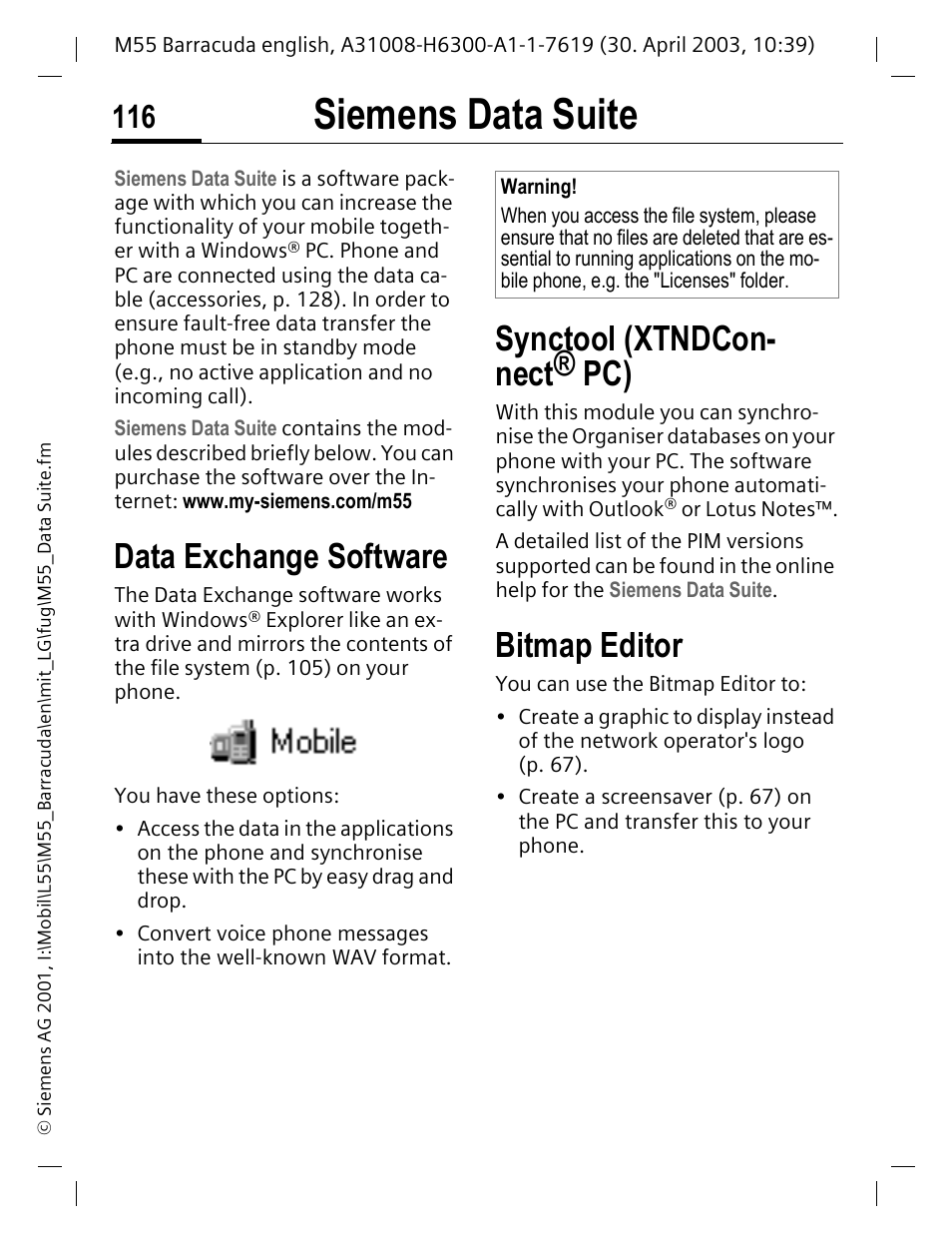 Siemens data suite, Pc (p. 116) you ca, P. 116) y | Data exchange software, Synctool (xtndcon- nect® pc), Bitmap editor | Siemens M55 User Manual | Page 117 / 140