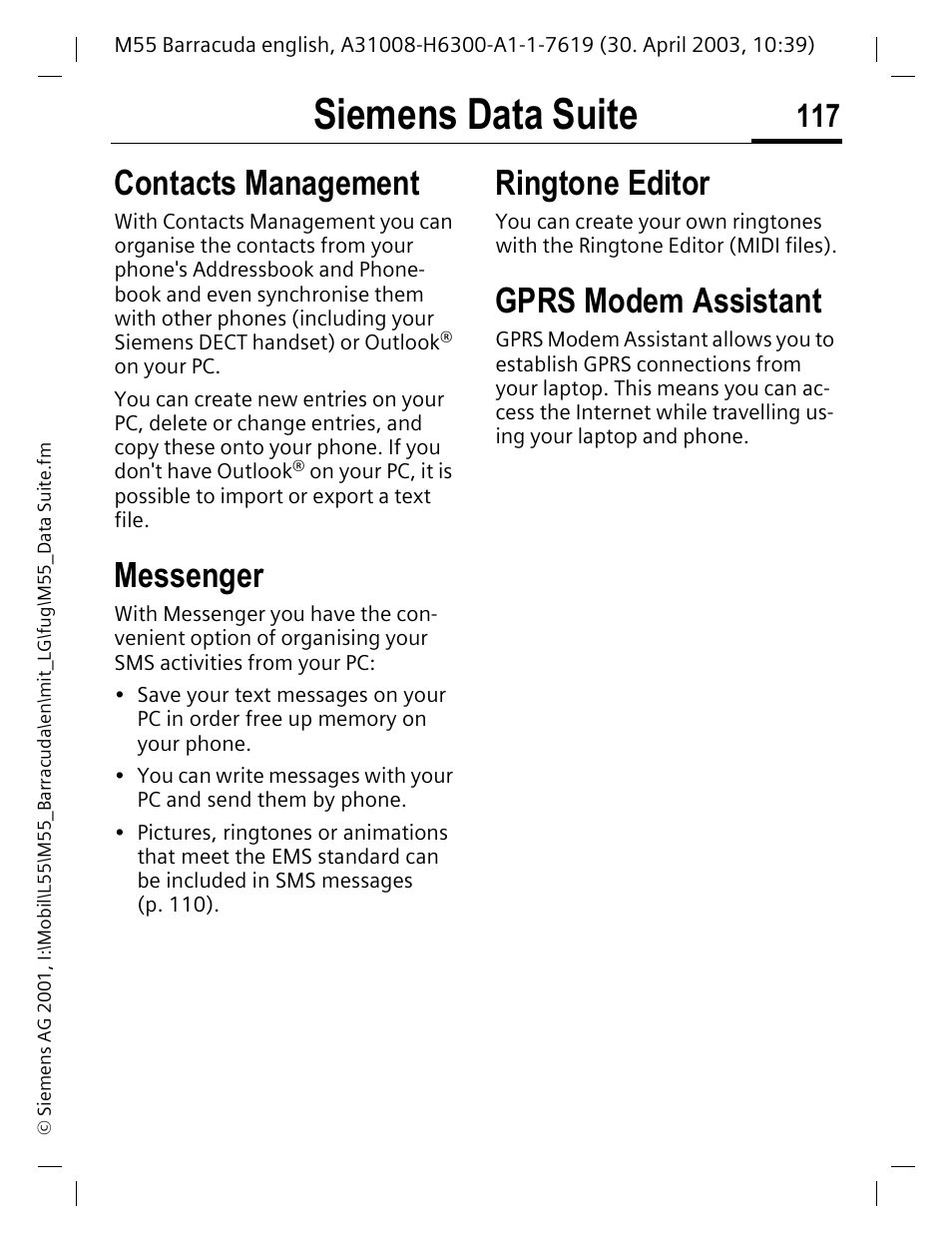 Siemens data suite, Contacts management, Messenger | Ringtone editor, Gprs modem assistant | Siemens M55 User Manual | Page 118 / 140