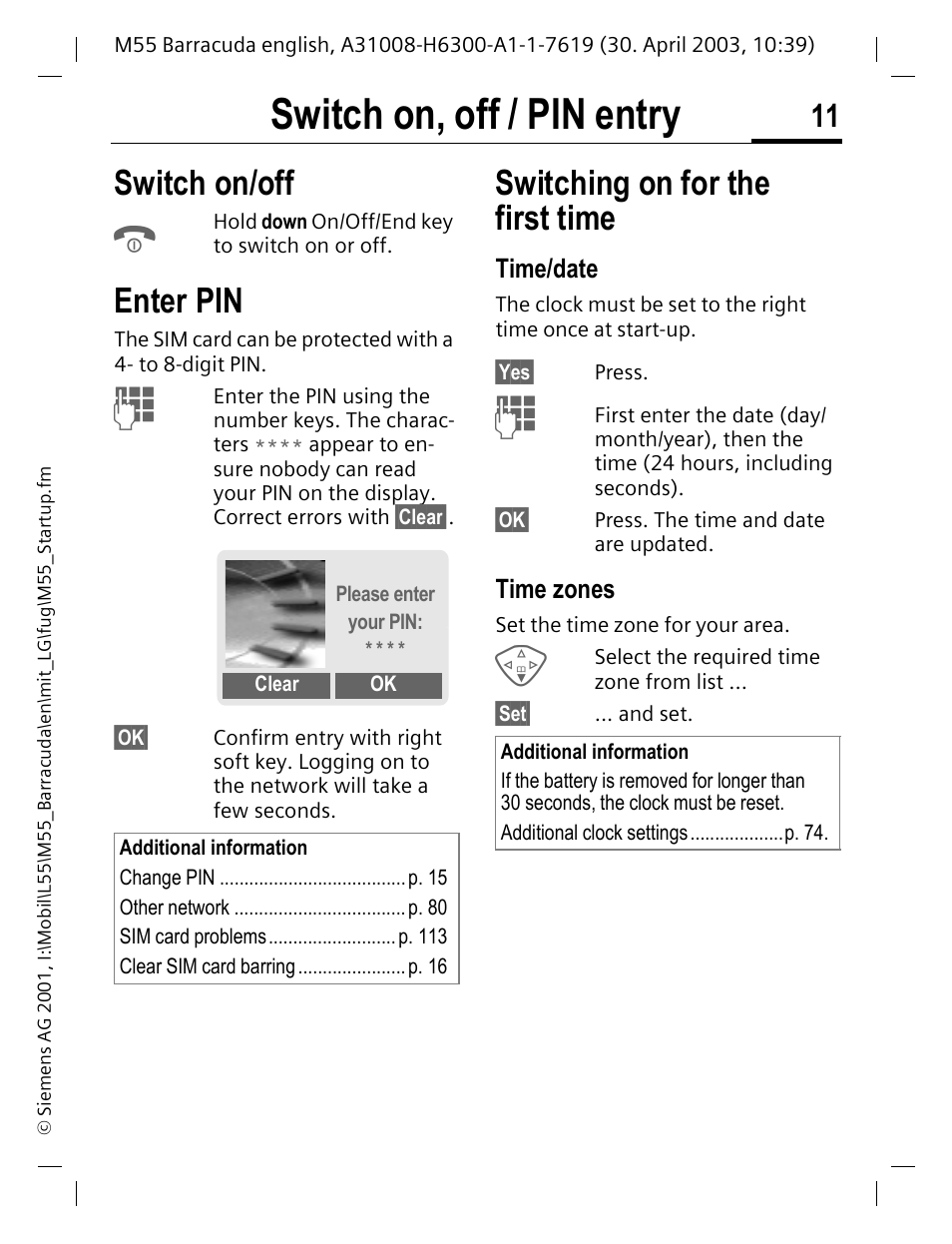 Switch on, off / pin entry, Time/date, Time zones | Switching on for the first time, Switch on/off, Enter pin | Siemens M55 User Manual | Page 12 / 140