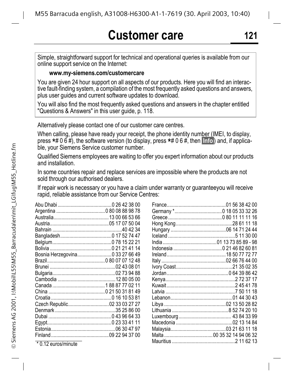 Customer care, Ice (p. 121), Ens service (p. 121) | Siemens M55 User Manual | Page 122 / 140