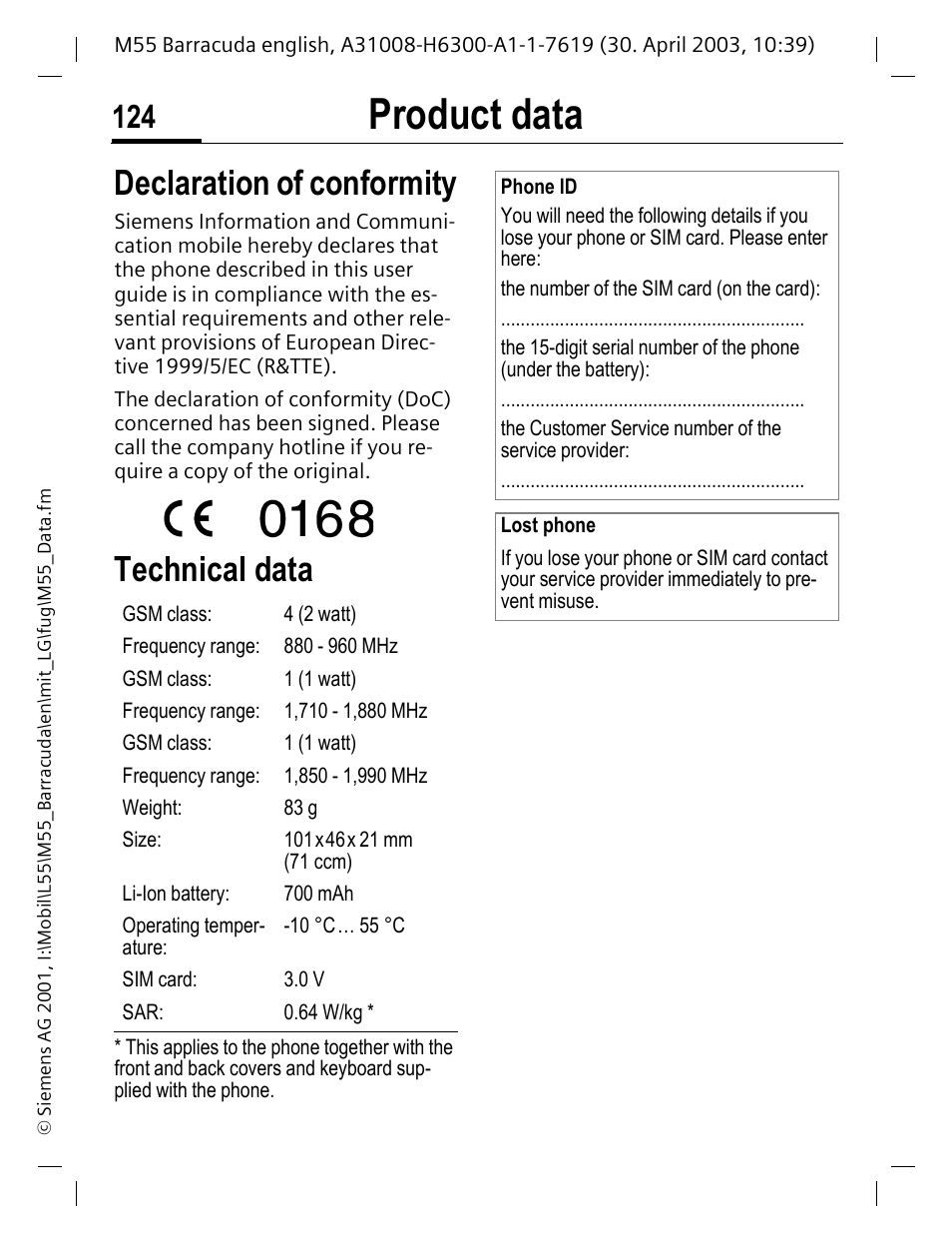 Product data, Declaration of conformity, Technical data | Siemens M55 User Manual | Page 125 / 140