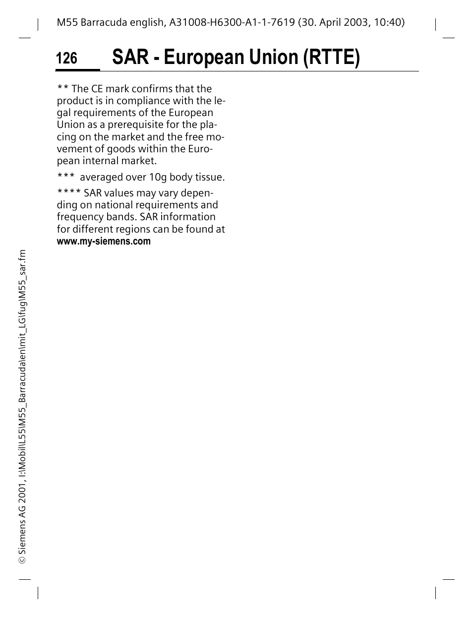 Sar - european union (rtte) | Siemens M55 User Manual | Page 127 / 140