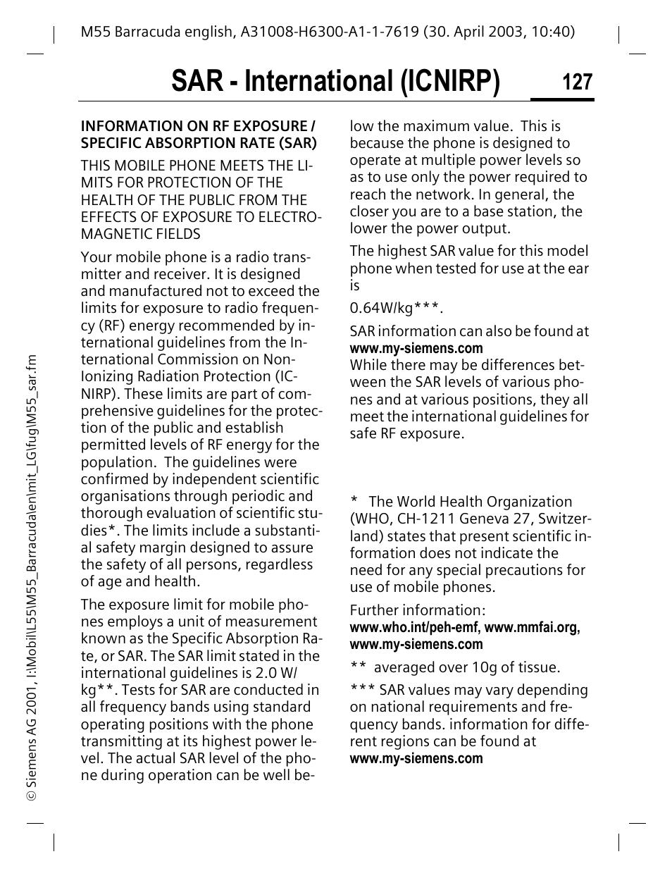 Sar - international (icnirp) | Siemens M55 User Manual | Page 128 / 140