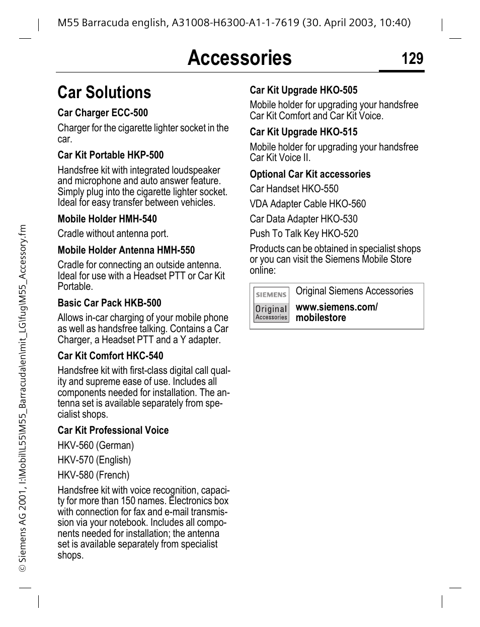 Accessories, Car solutions | Siemens M55 User Manual | Page 130 / 140