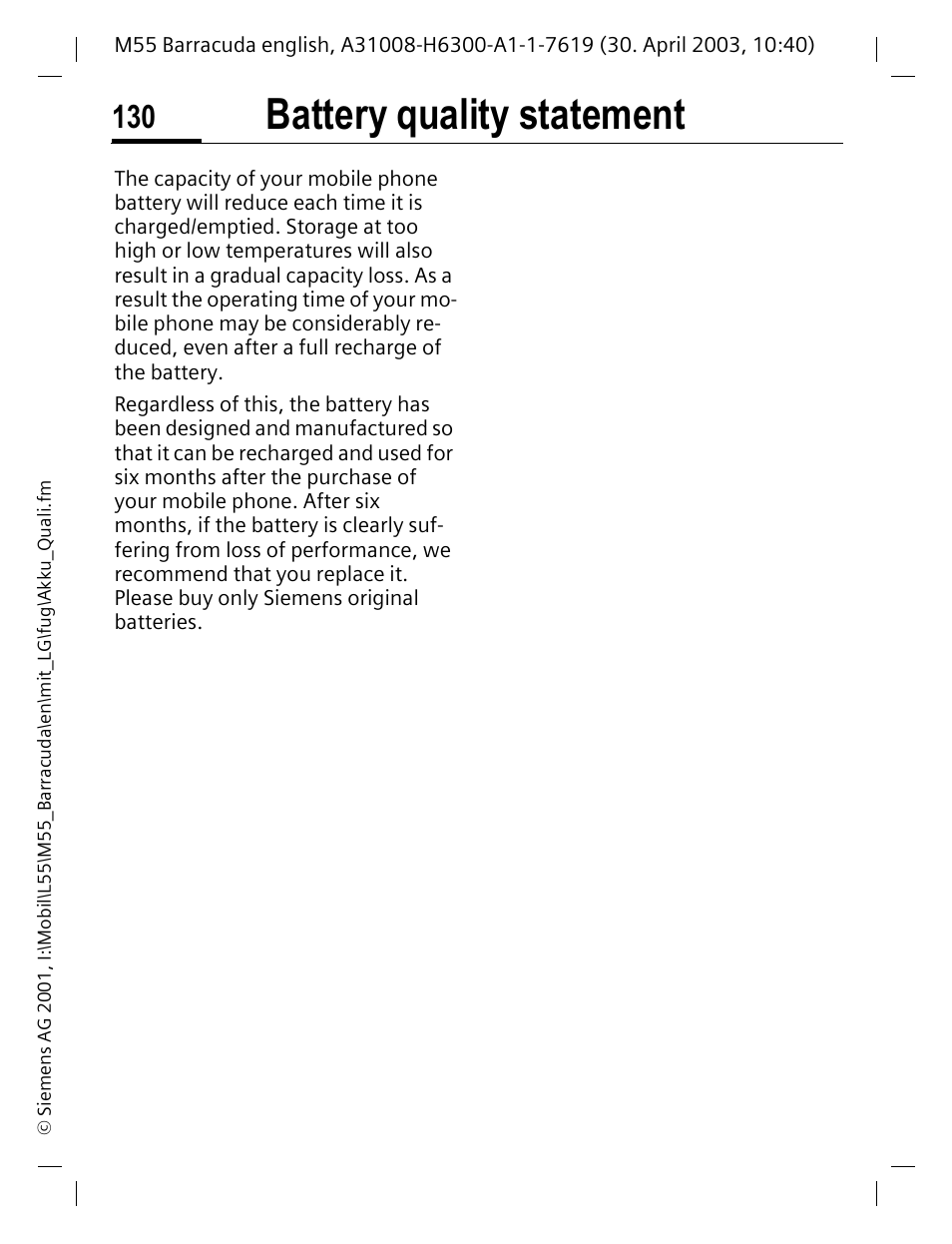 Battery quality statement | Siemens M55 User Manual | Page 131 / 140