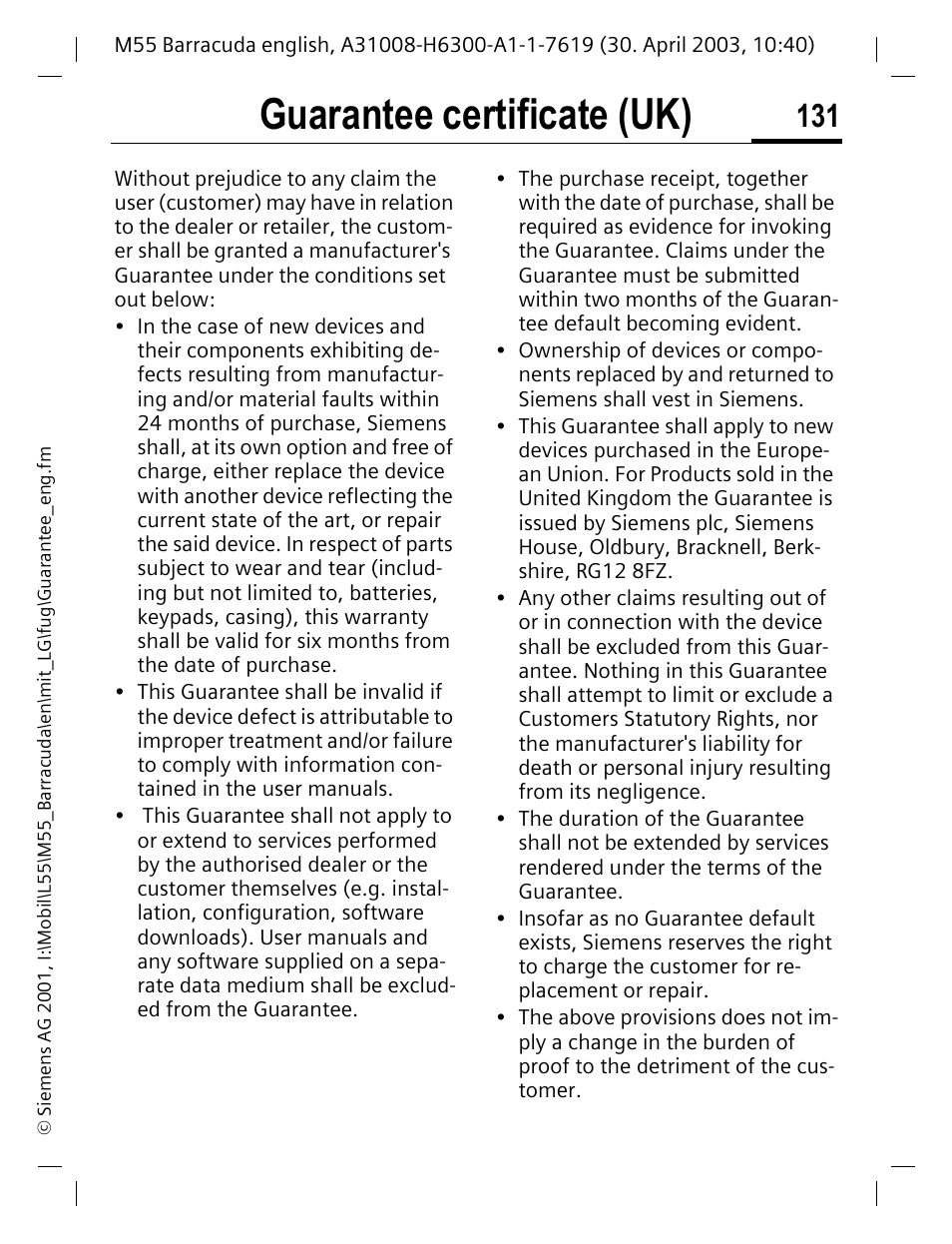 Guarantee certificate (uk) | Siemens M55 User Manual | Page 132 / 140