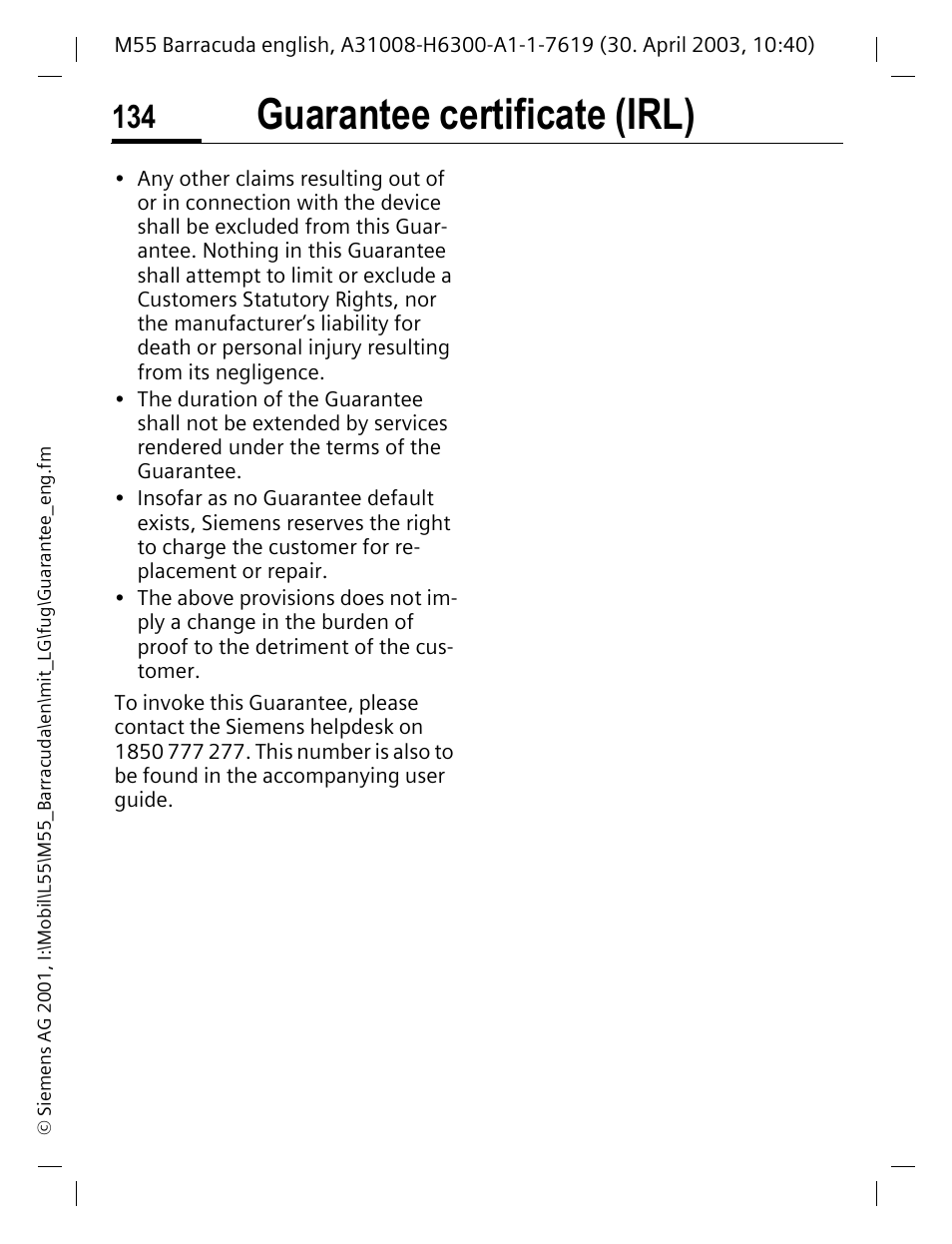 Guarantee certificate (irl) | Siemens M55 User Manual | Page 135 / 140