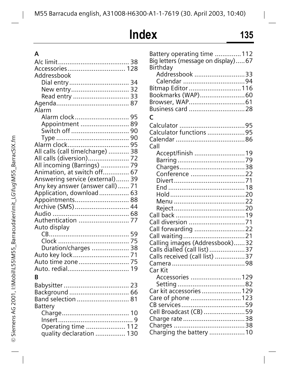 Index | Siemens M55 User Manual | Page 136 / 140