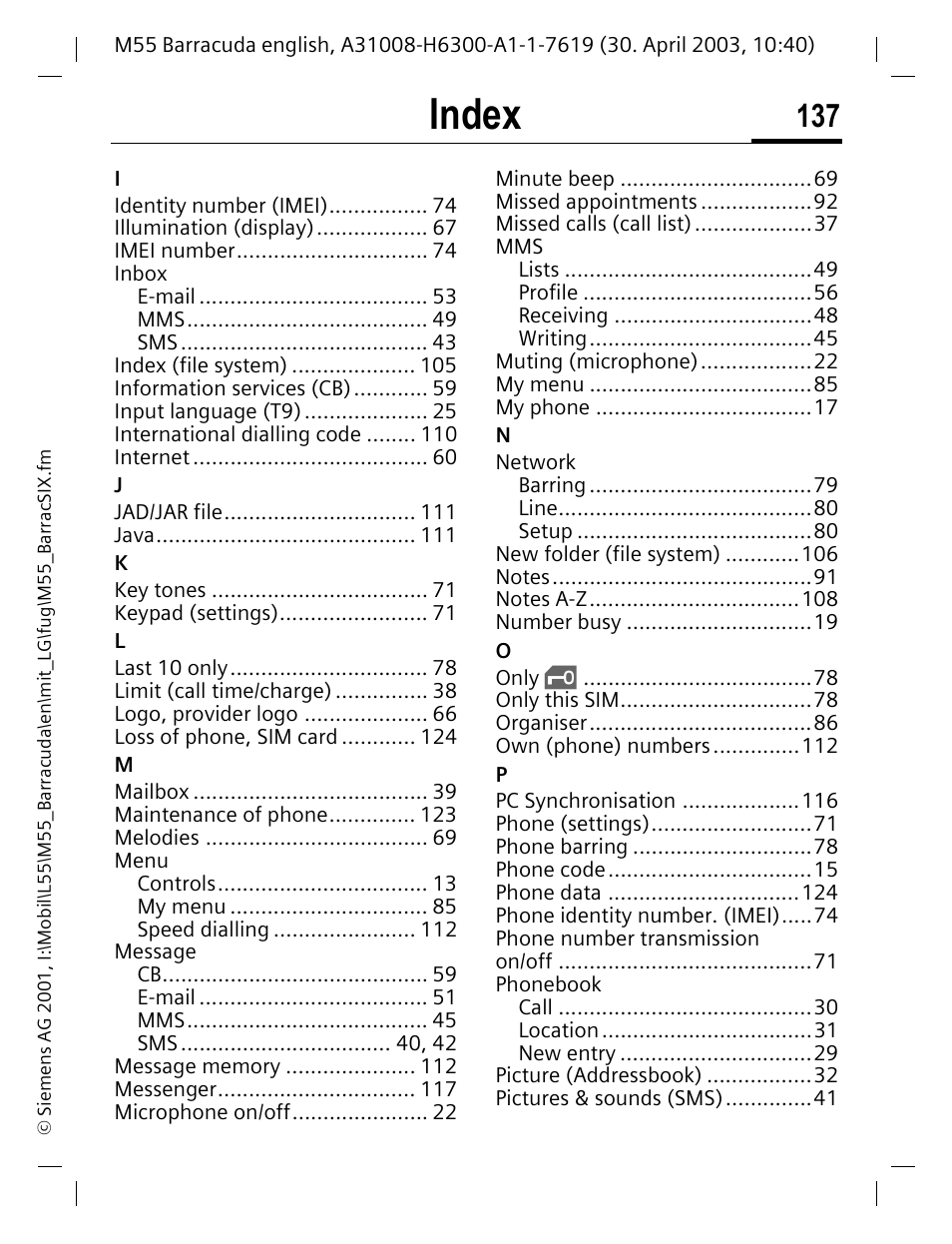 Index | Siemens M55 User Manual | Page 138 / 140