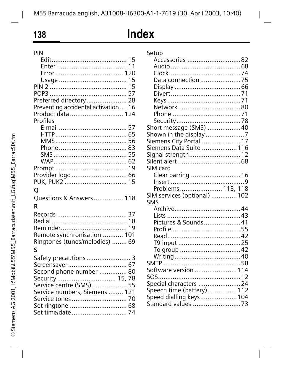Index | Siemens M55 User Manual | Page 139 / 140