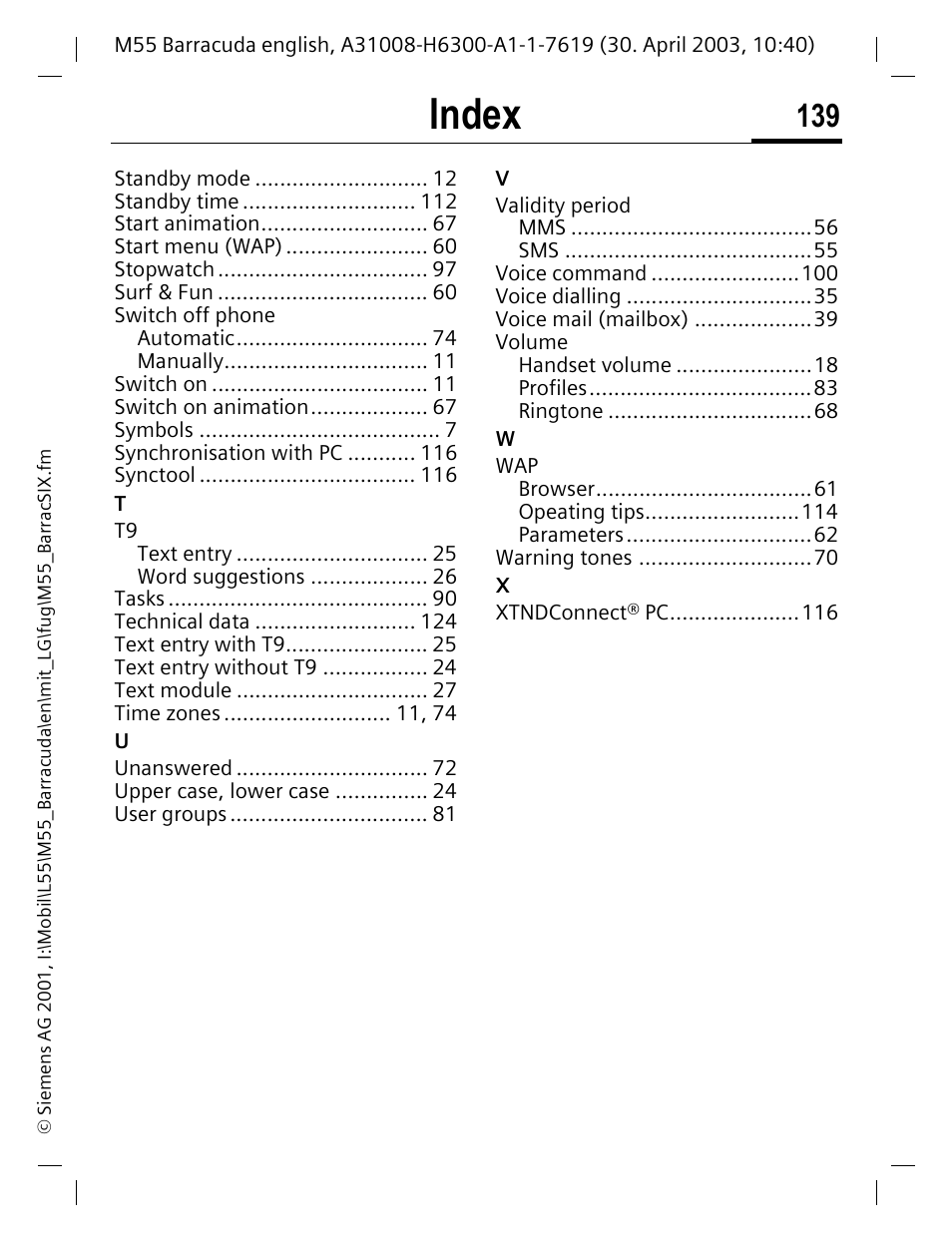 Index | Siemens M55 User Manual | Page 140 / 140