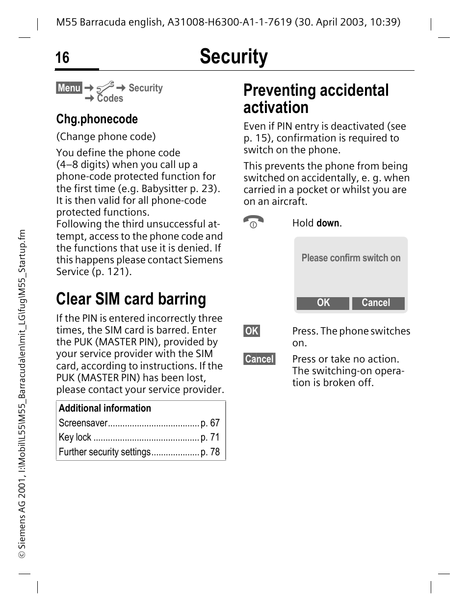 Chg.phonecode, Preventing accidental activation, P. 16 | Security, Clear sim card barring | Siemens M55 User Manual | Page 17 / 140