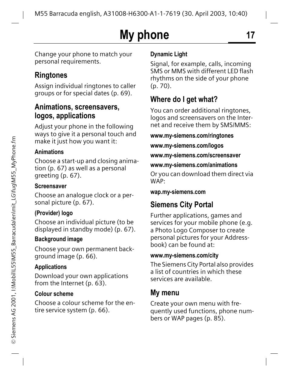 My phone, Ringtones, Animations, screensavers, logos, applications | Where do i get what, Siemens city portal, My menu | Siemens M55 User Manual | Page 18 / 140