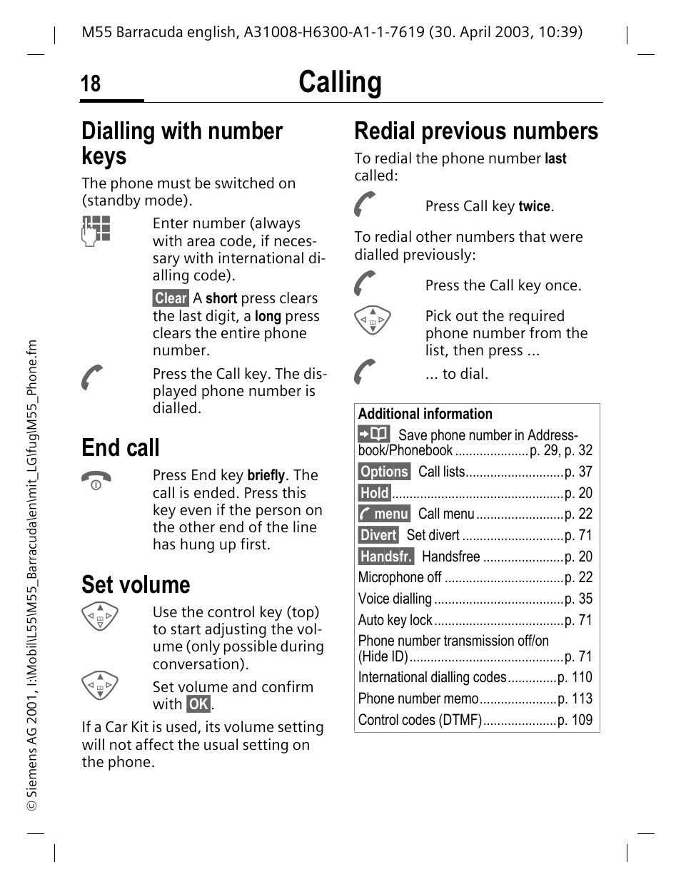 Calling, Dialling with number keys, End call | Set volume, Redial previous numbers | Siemens M55 User Manual | Page 19 / 140