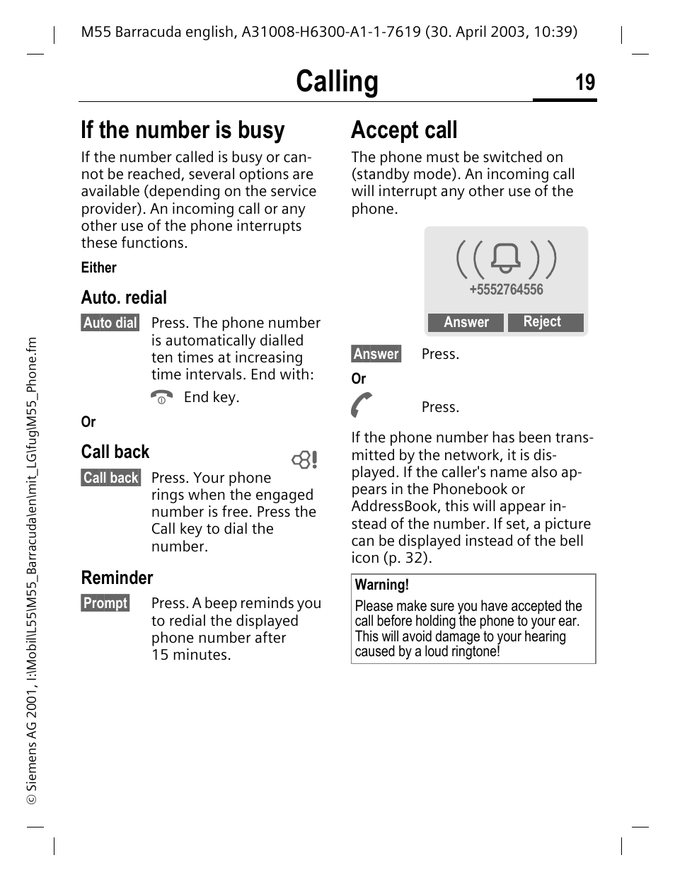 Auto. redial, Call back, Reminder | If the number is busy accept call, Calling, If the number is busy, Accept call | Siemens M55 User Manual | Page 20 / 140