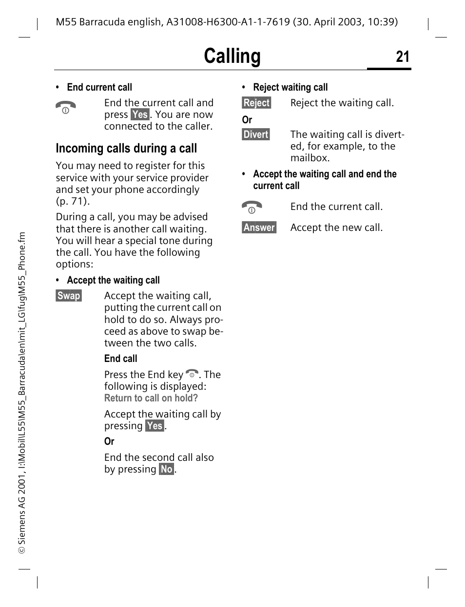 Incoming calls during a call, Calling | Siemens M55 User Manual | Page 22 / 140