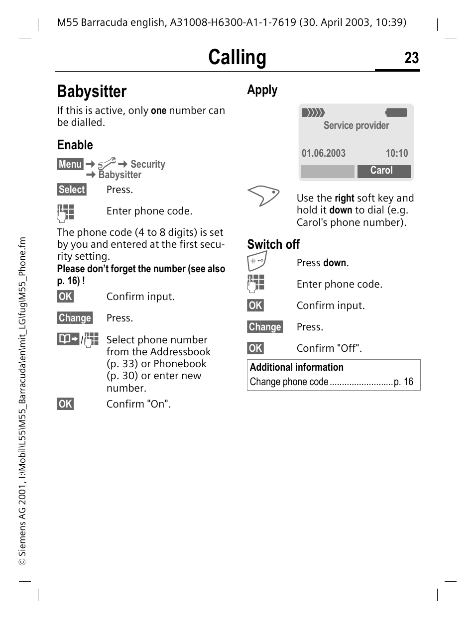 Babysitter, Enable, Switch off | Time (e.g. babysitter p. 23), Calling, Apply | Siemens M55 User Manual | Page 24 / 140