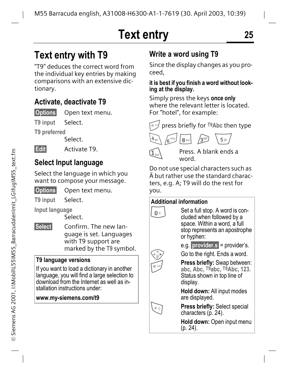 Activate, deactivate t9, Select input language, Text entry | Text entry with t9 | Siemens M55 User Manual | Page 26 / 140
